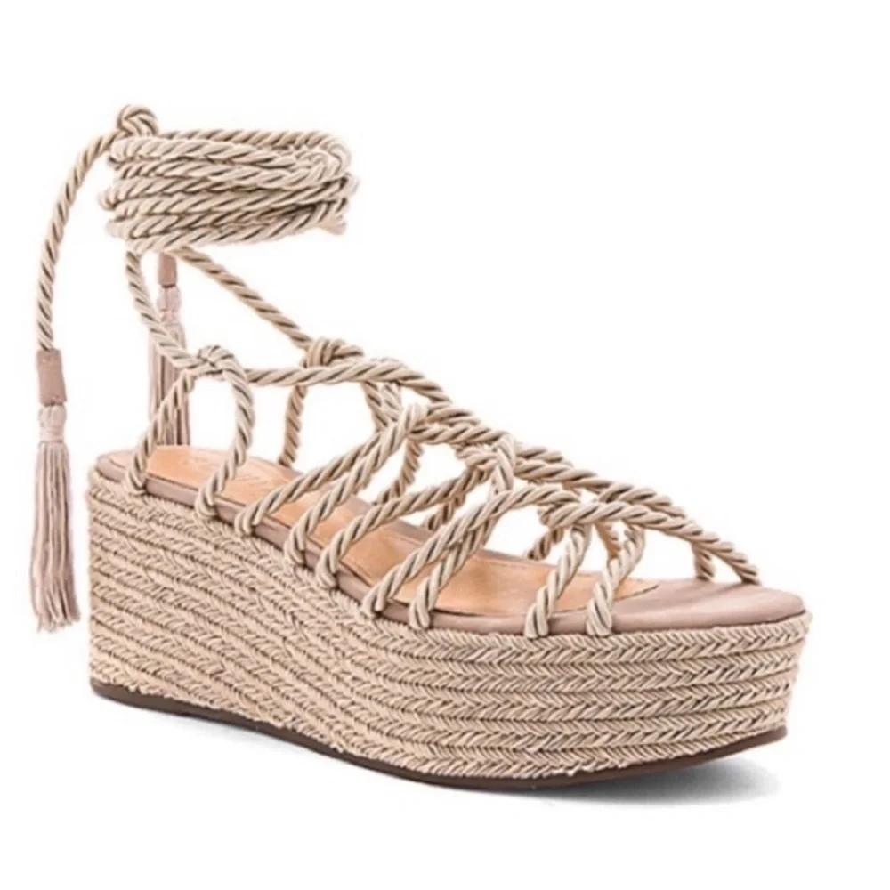 Schutz x Revolve Murana Platform Sandals Strappy Rope Tie 6.5B Women’s Champagne
